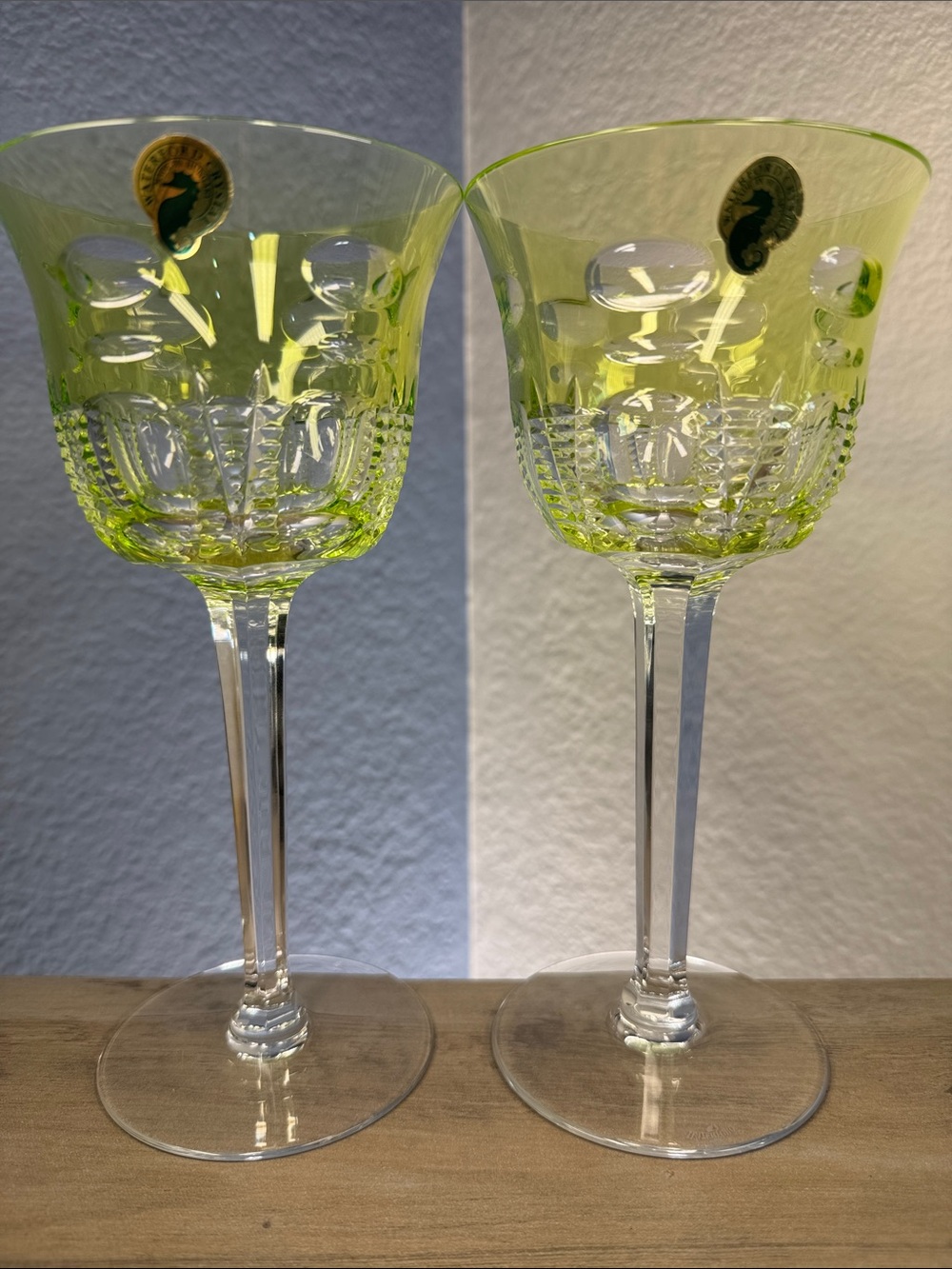 Waterford Chartreuse Hock Wine Glasses Pair Hand Cut Crystal 8.26” Vintage